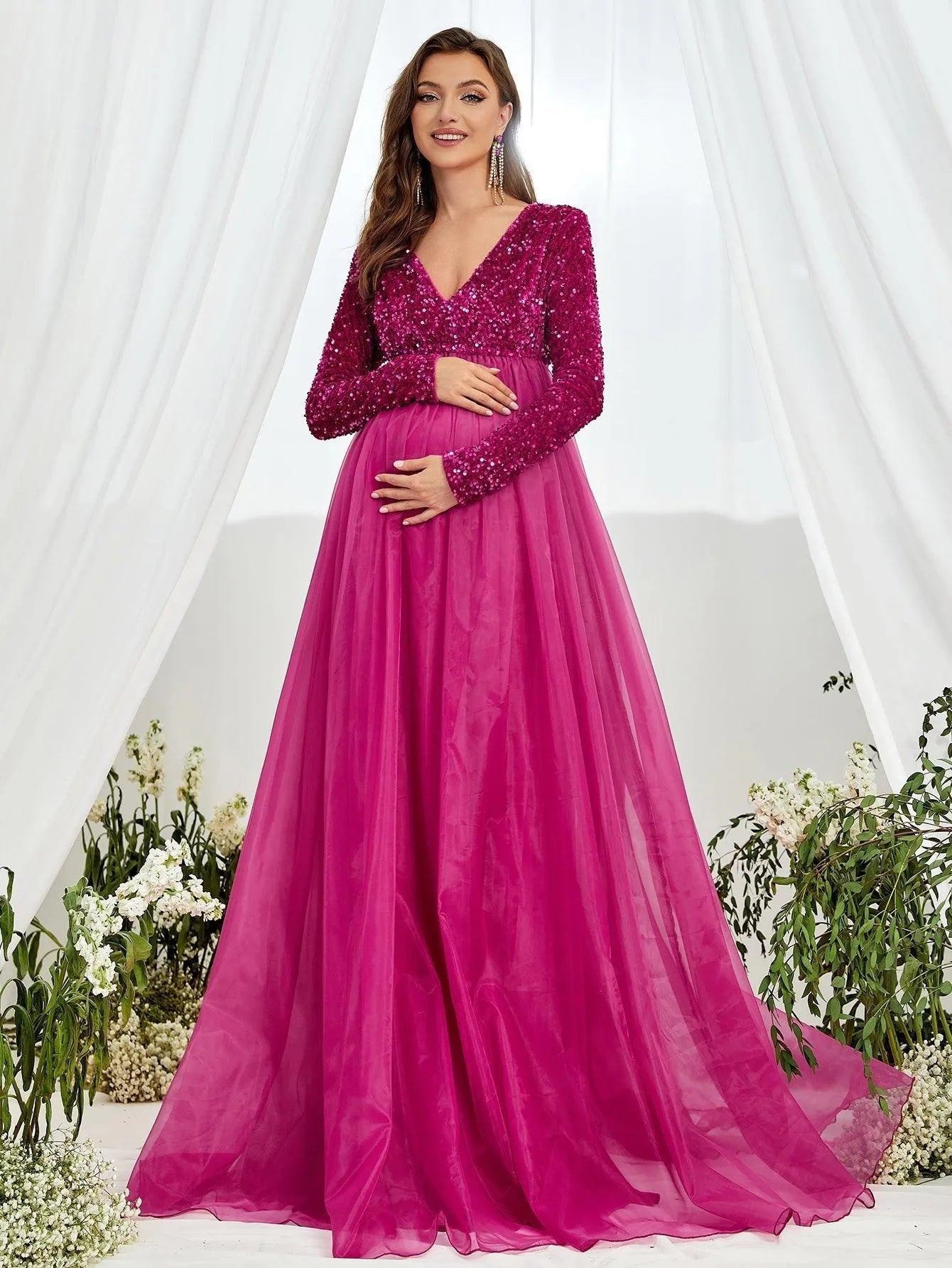 Maternity V Neck Long Sleeve Organza Hem Formal  Dress