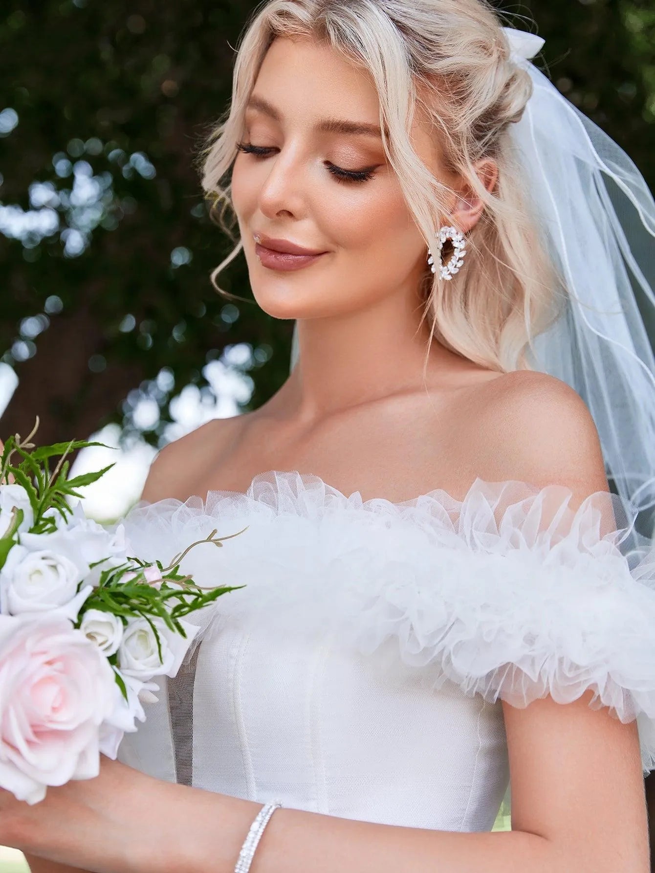 Ruffle Trim Off Shoulder A Line Wedding Dress