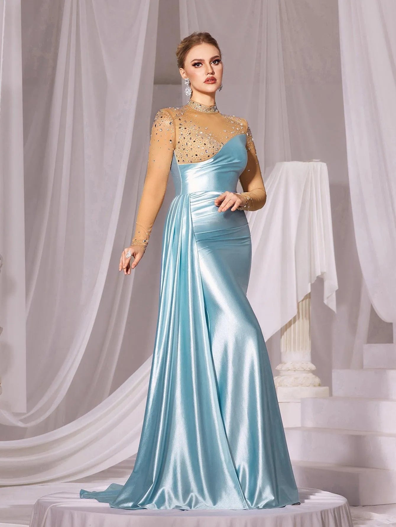 Rhinestone Detail Mock Neck Satin Mermaid Prom Dress