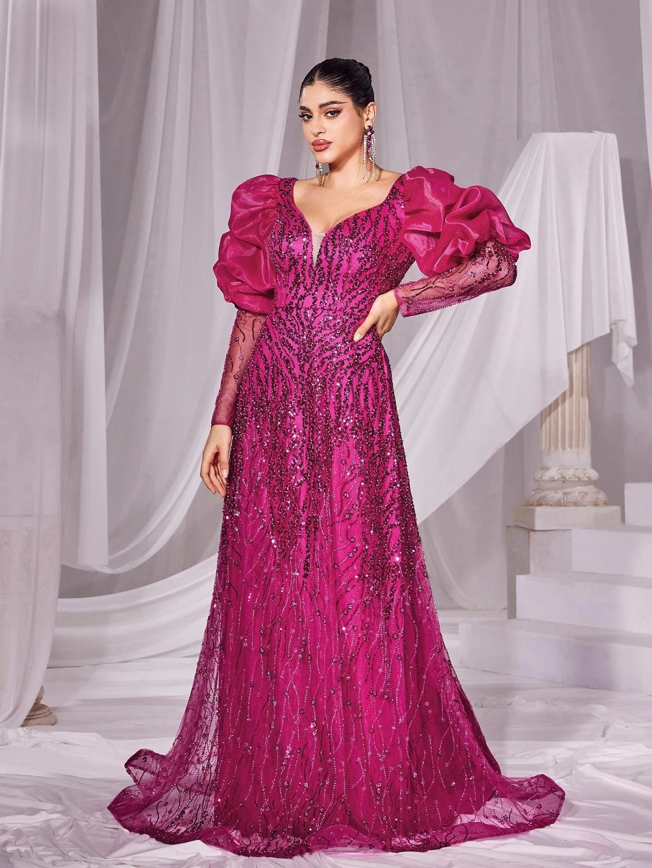 Gorgeous Plunging Neck Gigot Sleeves Maxi Prom Dress