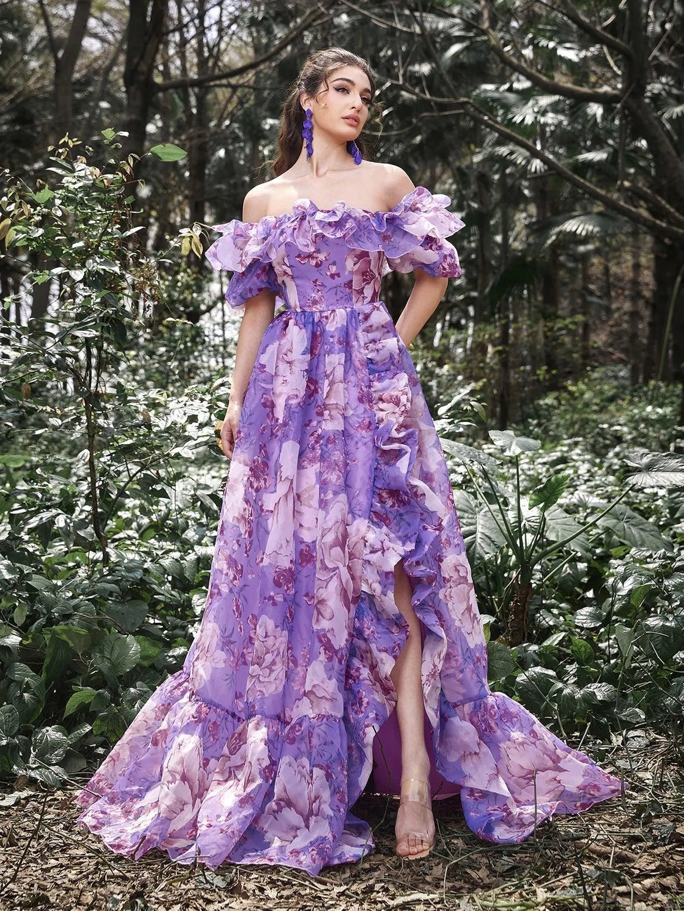 Elegant Ruffle Trim Off Shoulder Floral Organza Prom Dress