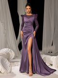 Elegant Evening Gown with Thigh-High Slit & Sequined Sleeves - Idea for Luxury Fashion Shows or Premium Brand Events, XS-XL