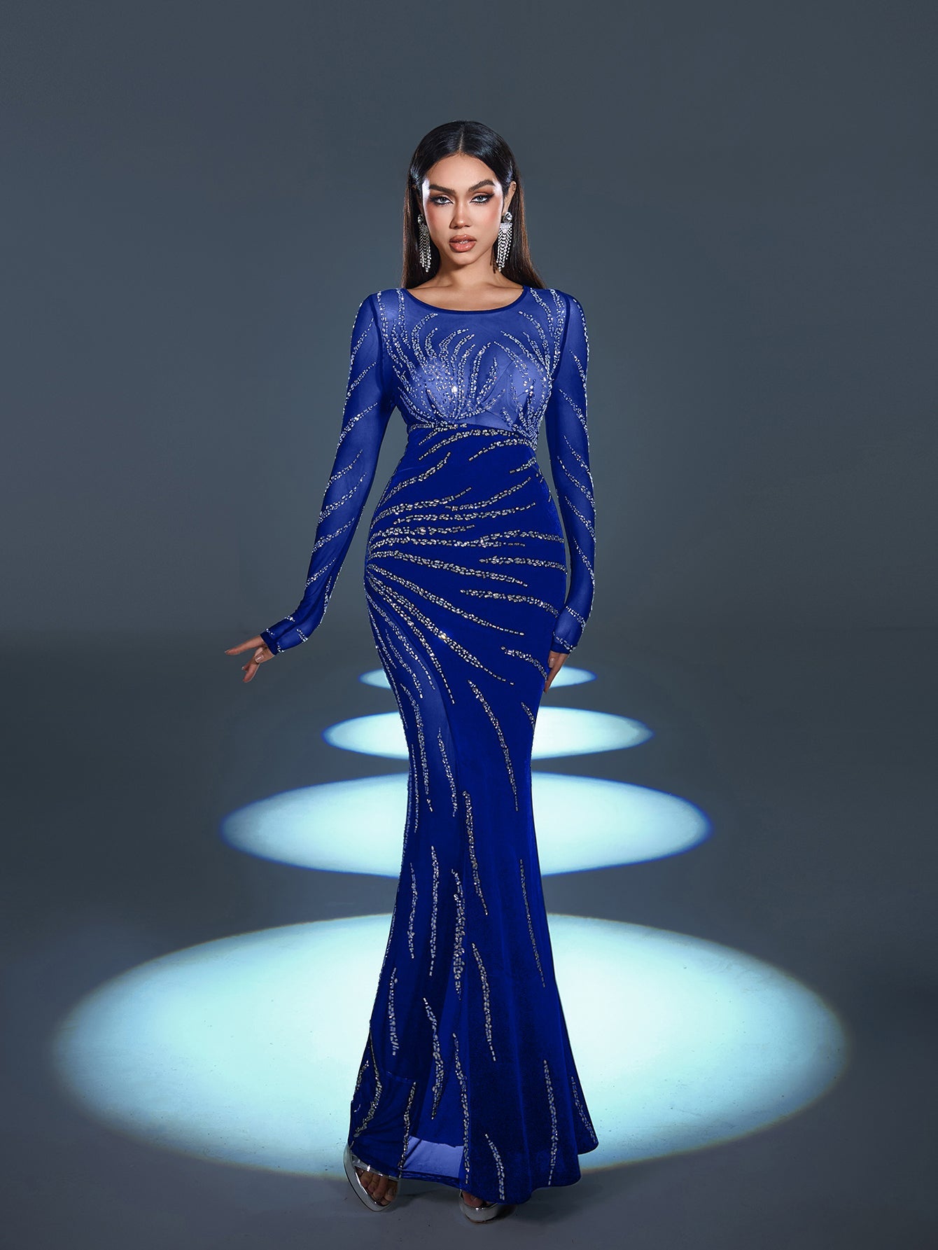 Gorgous Rhinestone Embellished Sheer Sleeves Mermaid Hem Velvet Evening Dress