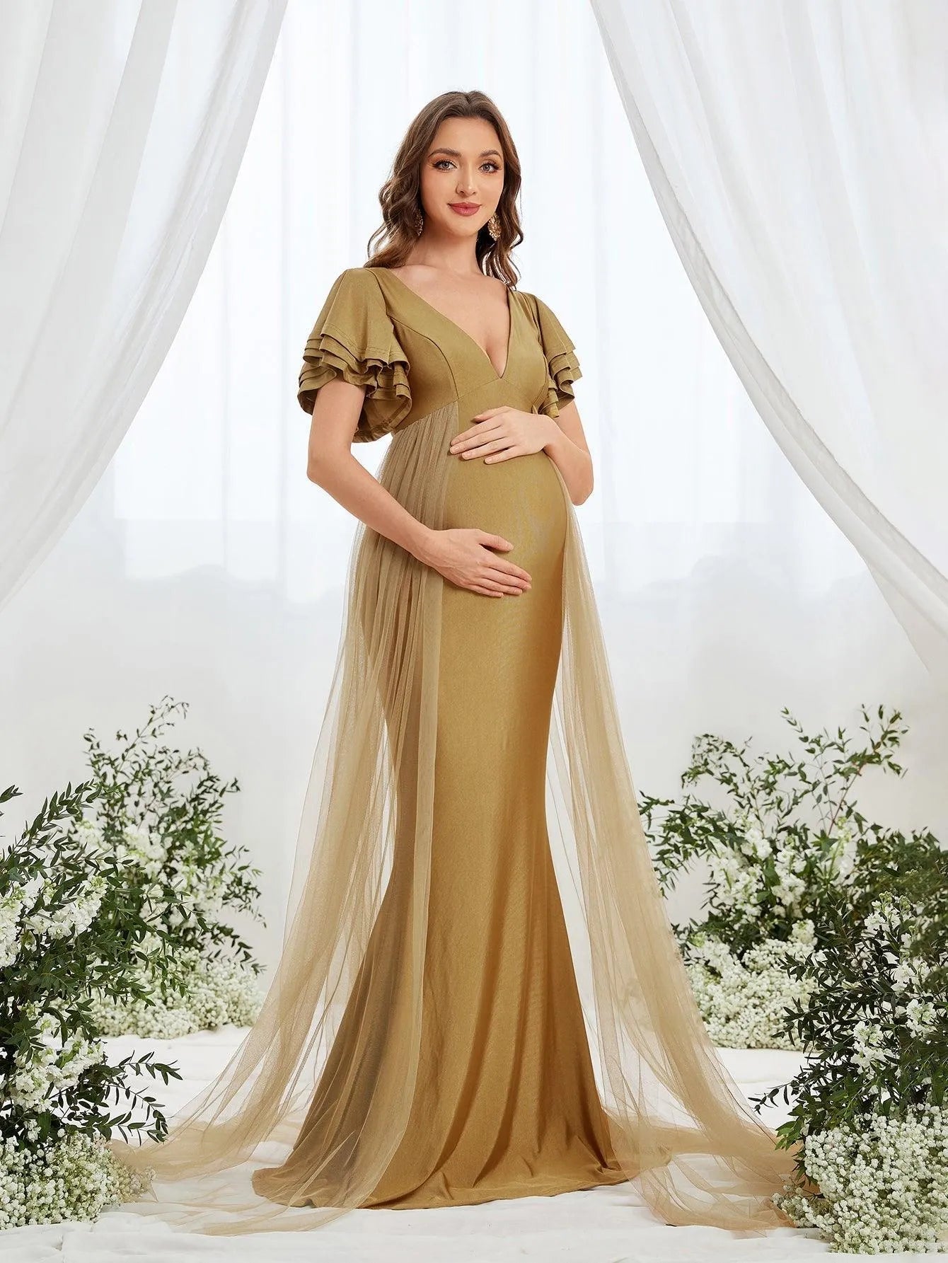 Maternity Plunging Neck Layered Ruffle Sleeve Mermaid Dress