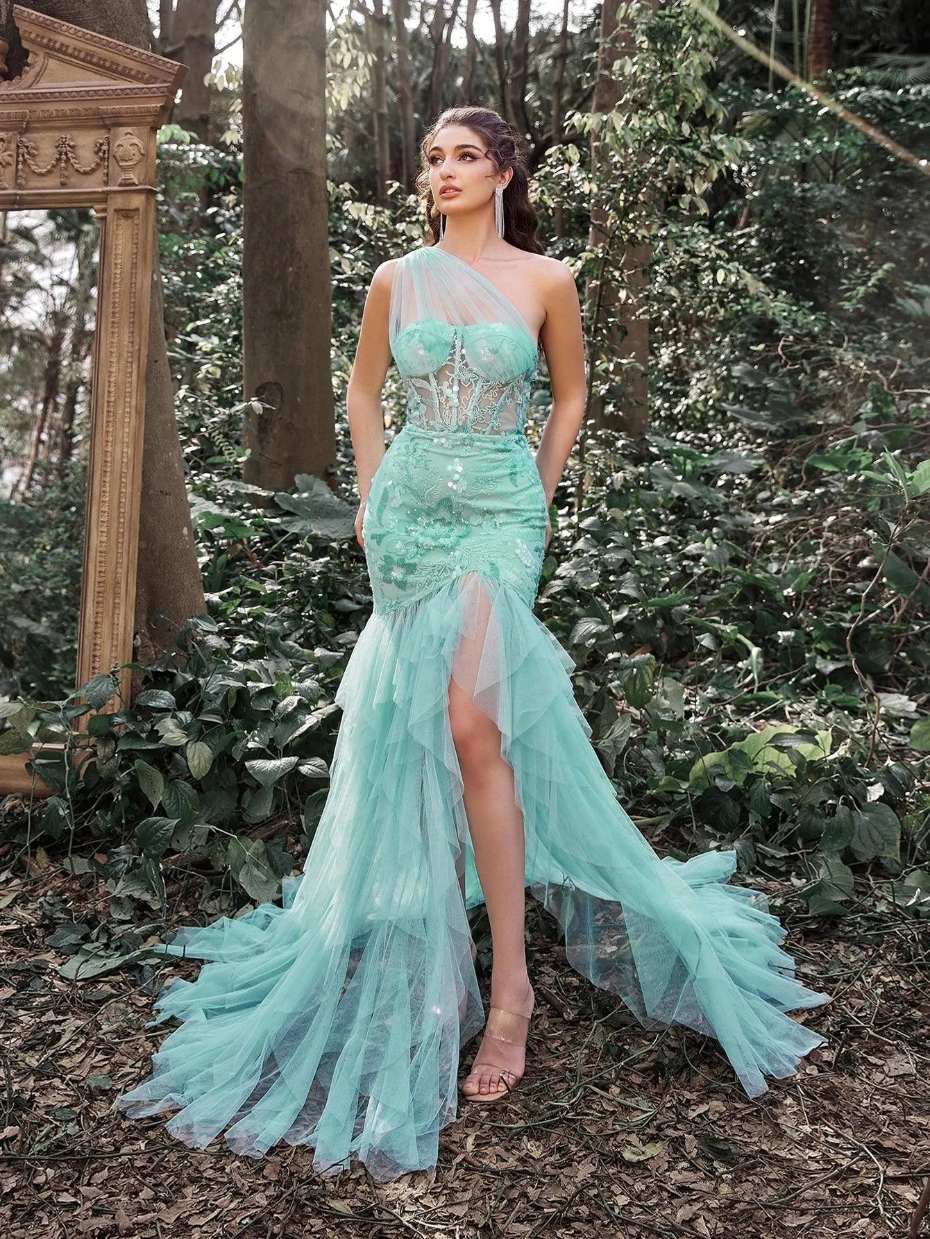 Luxury One Shoulder Tulle Overlay Mermaid Hem Floral Sequin Prom Dress