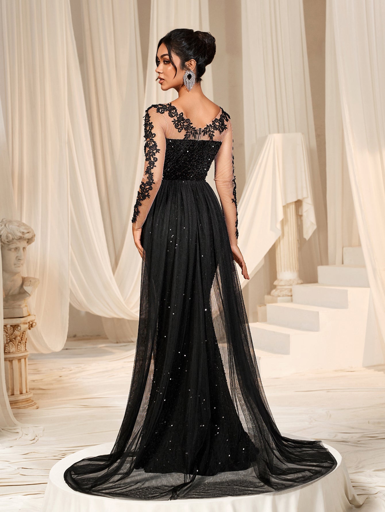 Elegant Sheer Sleeves Mesh Train Sequin Evening Dress