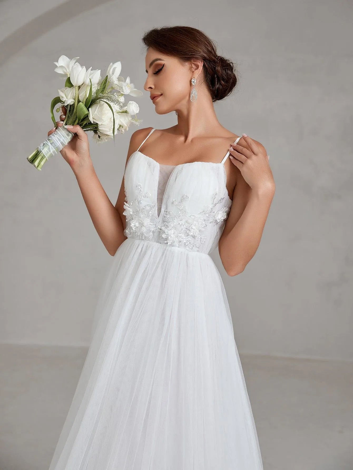 Floral Applique Lace Up Back Mesh Cami Wedding Dress