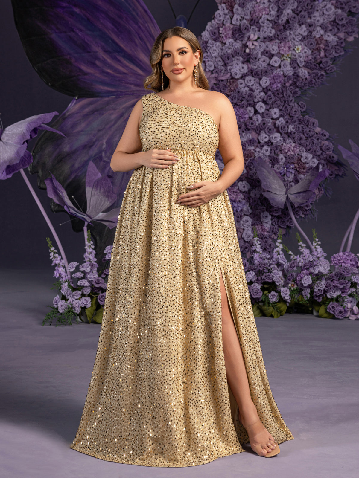 Plus Maternity  One Shoulder Split Thigh Sequin Party Dress