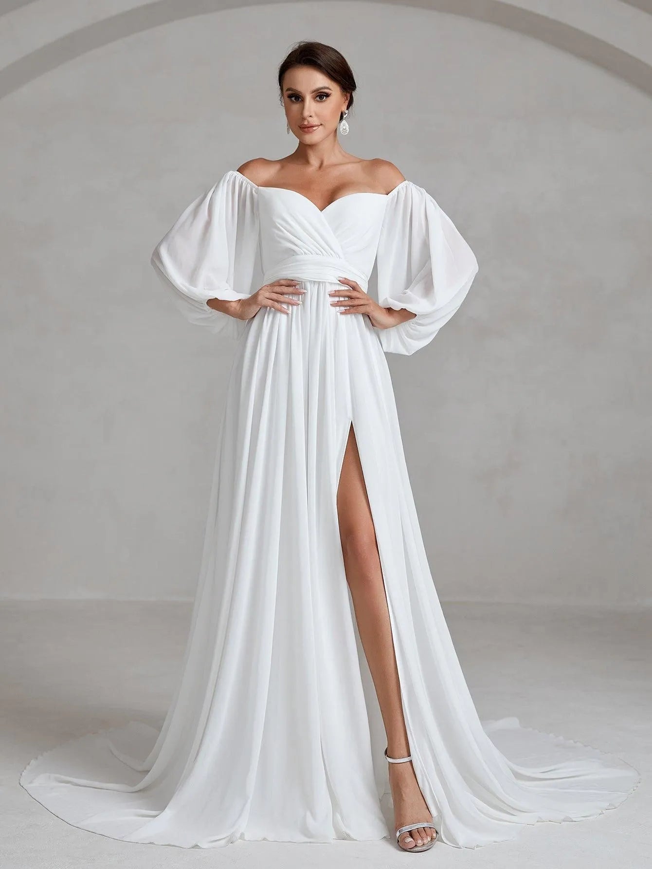 Off Shoulder Lantern Sleeves Chiffon Wedding Dress