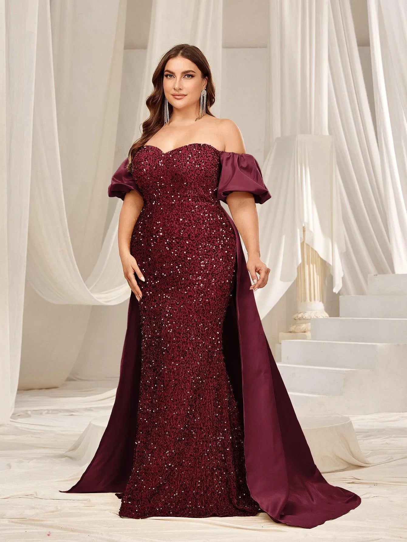 Plus Off Shoulder Puff Sleeves Satin Sequin Mermaid Dress