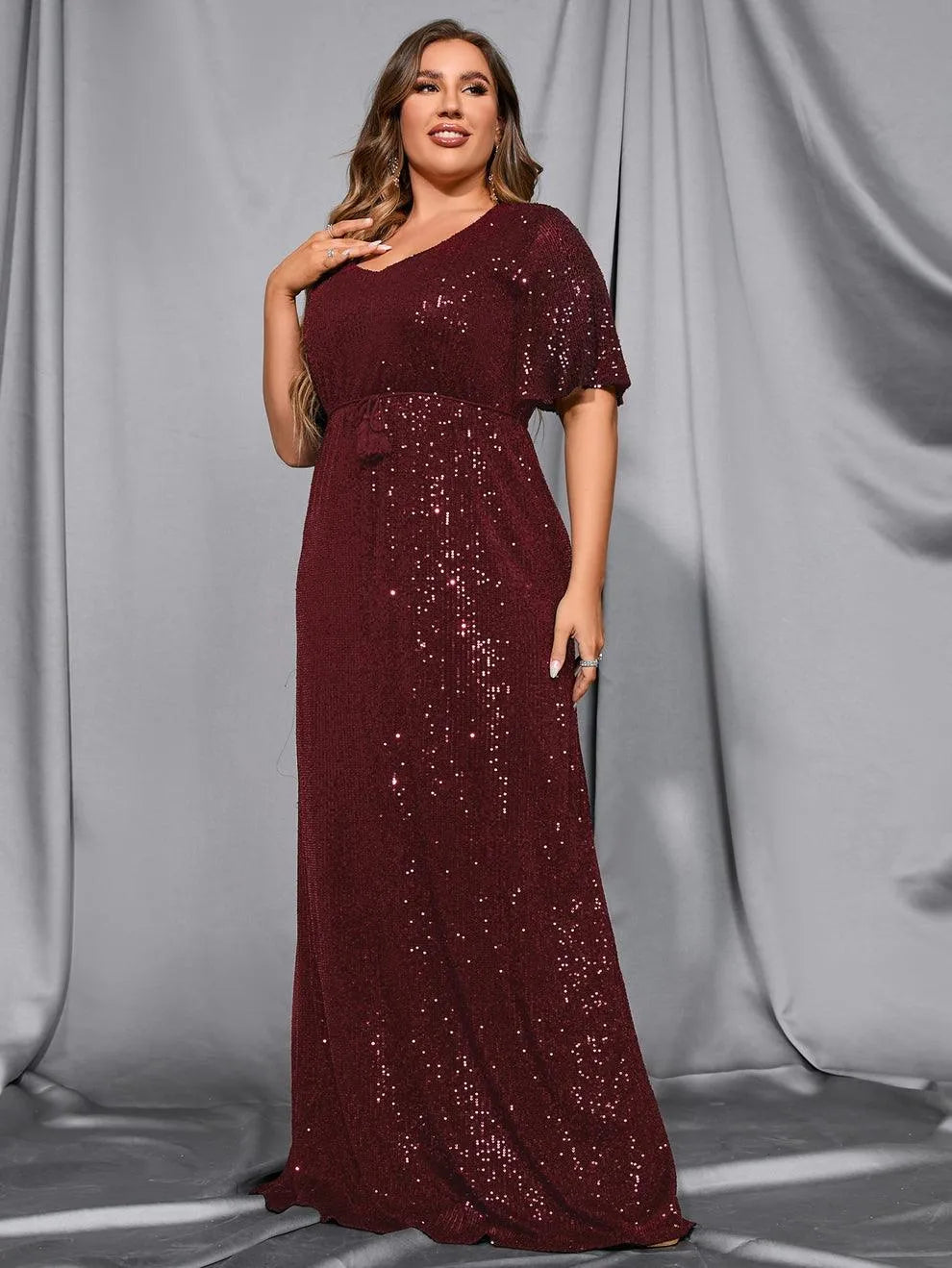 Plus Butterfly Sleeve Sequin Prom Dress