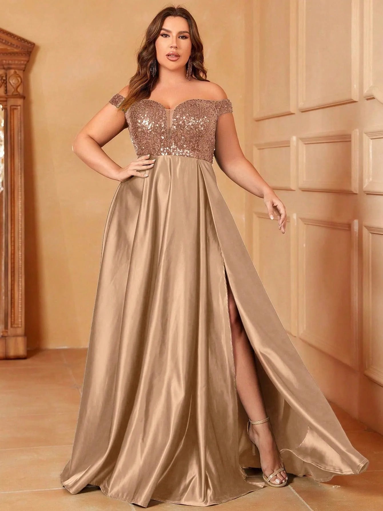 Plus Sweetheart Neckline Contrast Sequin Satin Prom Dress