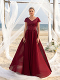 Womens' Elegant Chiffon Evening Gown with V-Neck & Short Sleeves – Intricate Lace Floral Appliqués on Bodice, Floor-Length Flowing Skirt for Outdoor Ceremonies, Formal Garden Parties & Upscale Evening Events