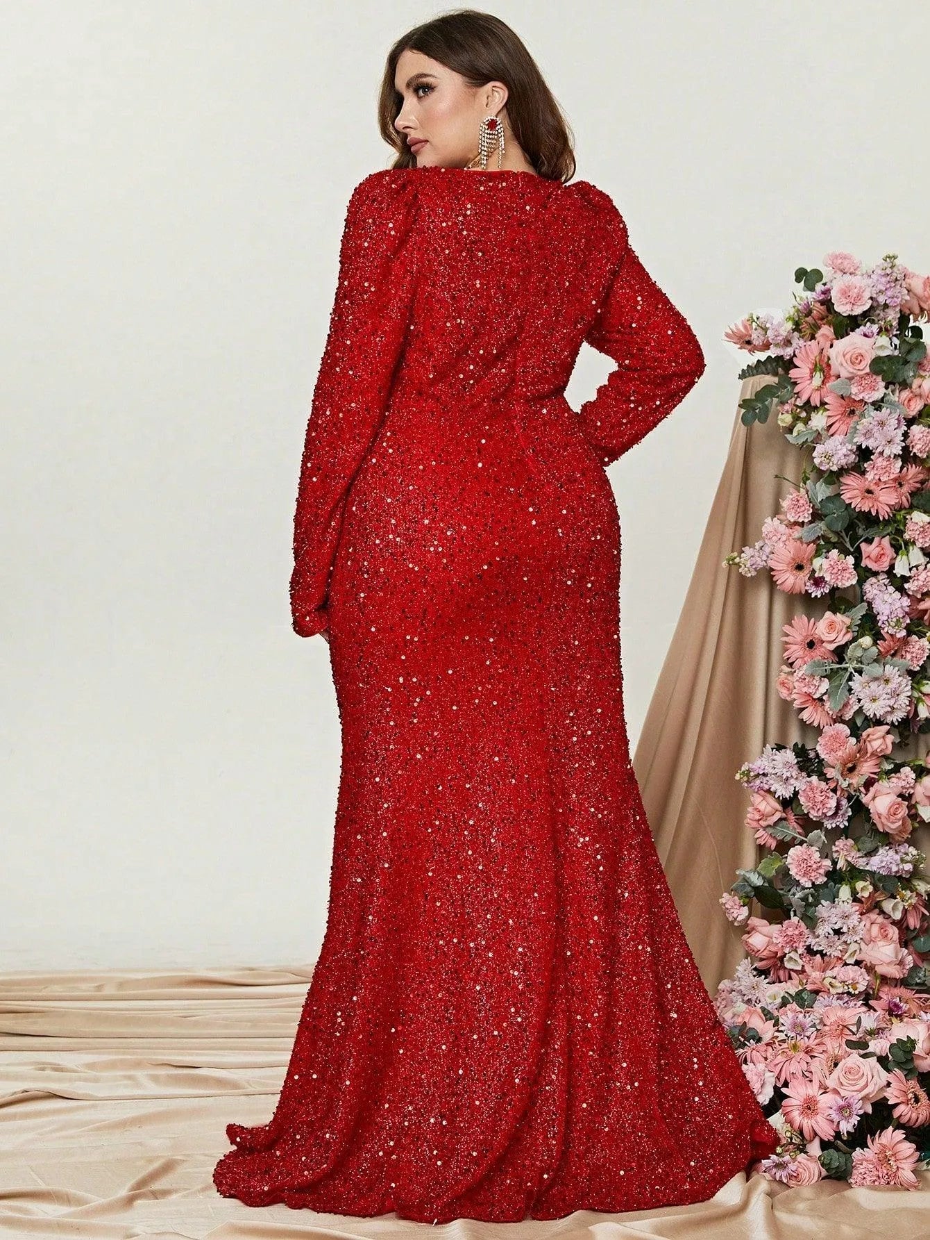 Plus Sweetheart Neck Long Sleeve Sequin Slit Dress