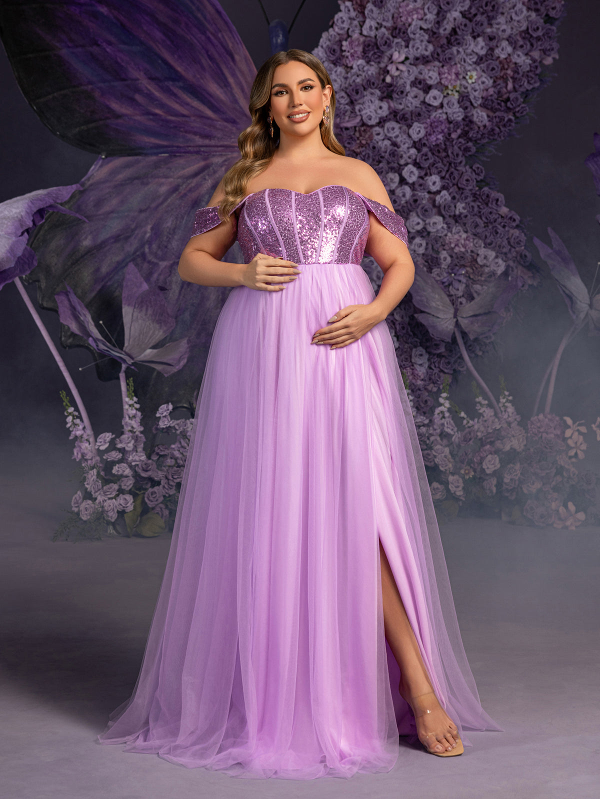Plus Maternity  Off Shoulder Sequin Bodice Contrast Tulle Evening Dress
