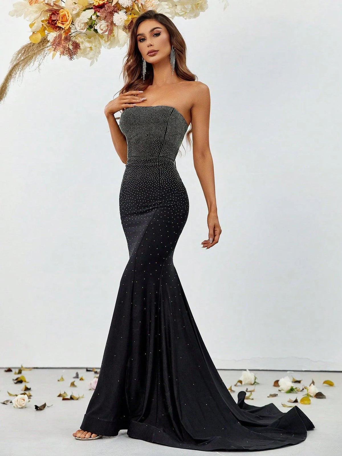 Elegant Rhinestone Detail Tube Mermaid Dress - Elonnashop