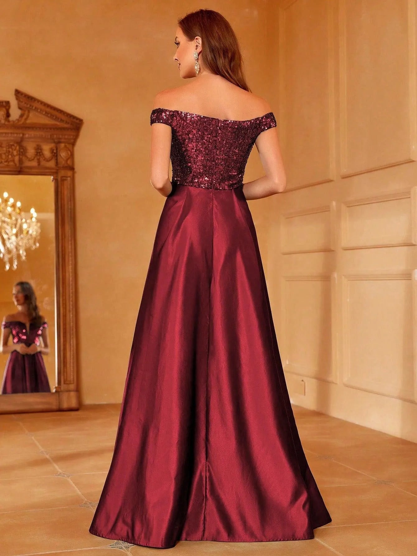 Off Shoulder Contrast Sequin Satin Prom Dress