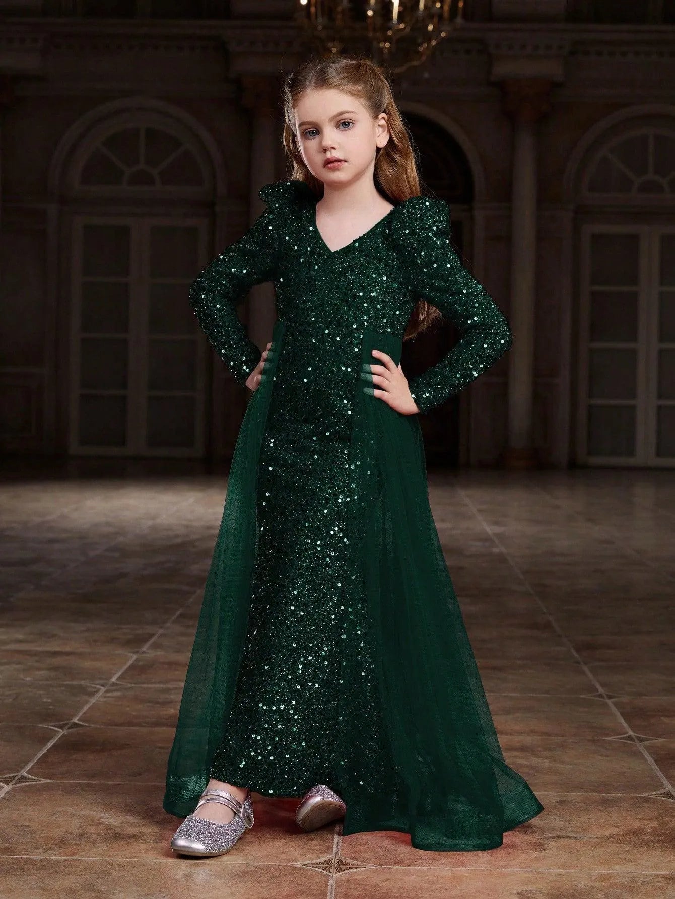 Tween Girls' Long Sleeves Mesh Overlay Sequin Mermaid Dress