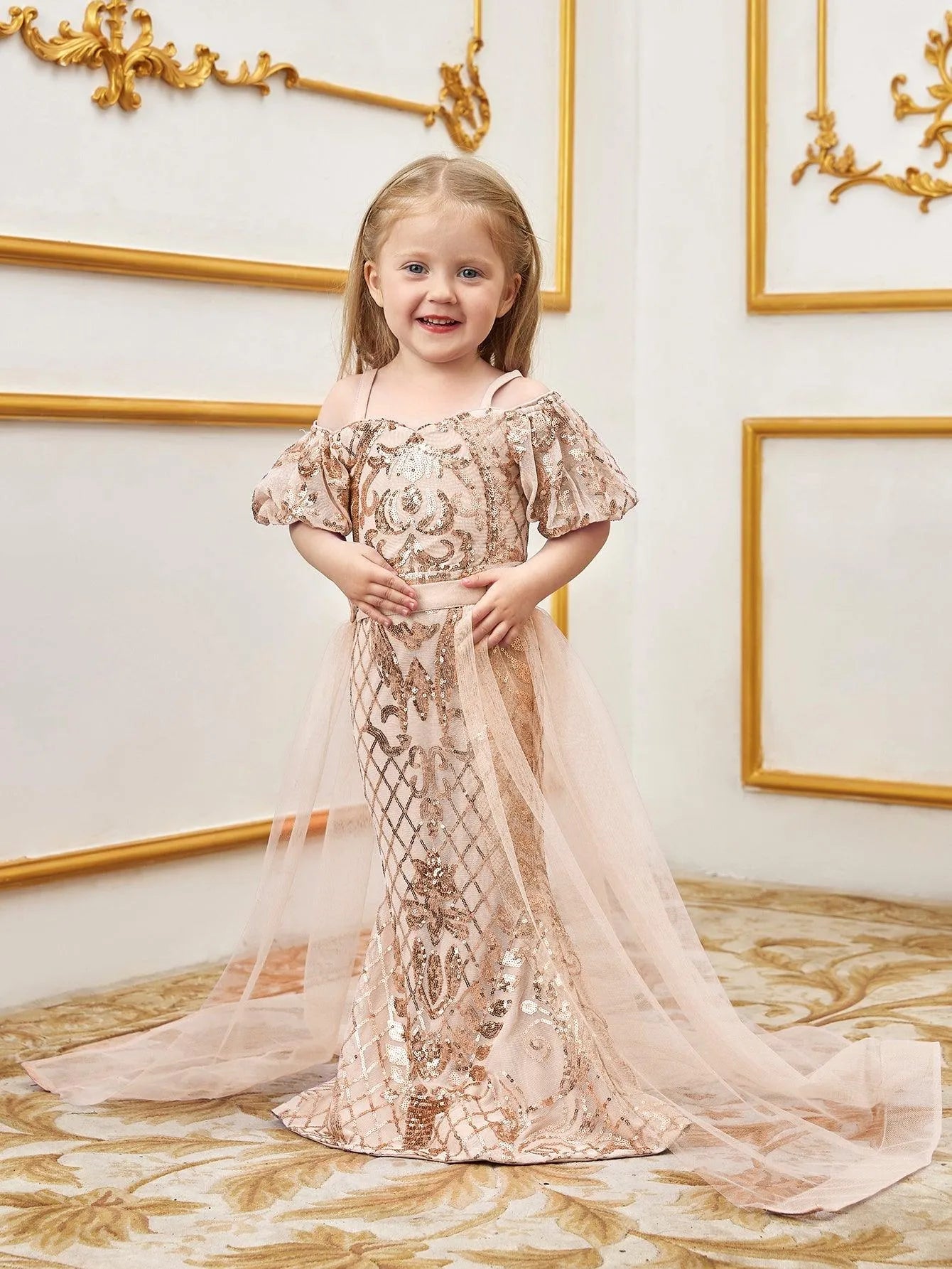 Young Girls' Sweetheart Collar Puff Sleeves Mesh Overlay Sequin Dress