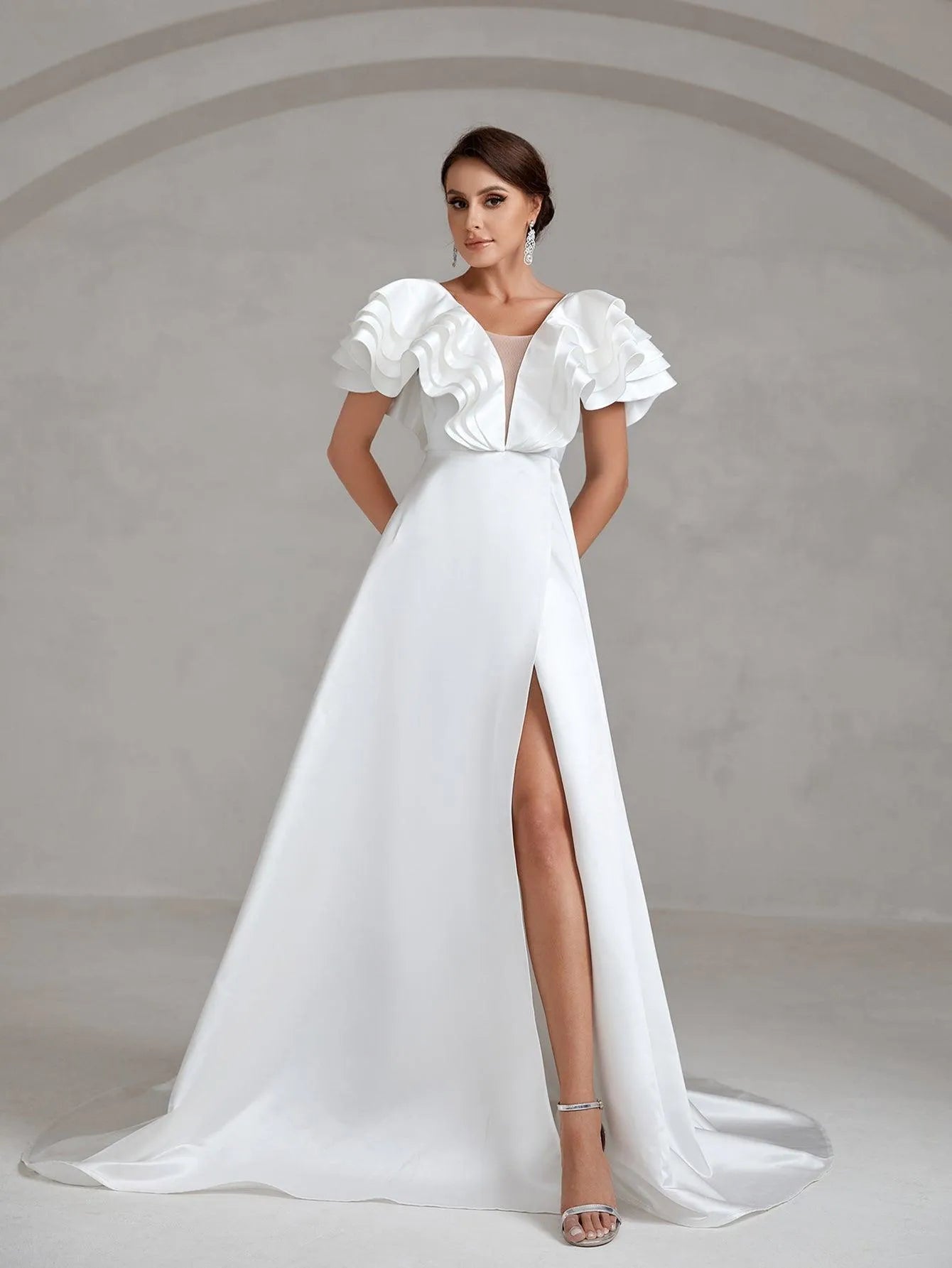 Backless Ruffle Layered Sleeve Satin Wedding Dress