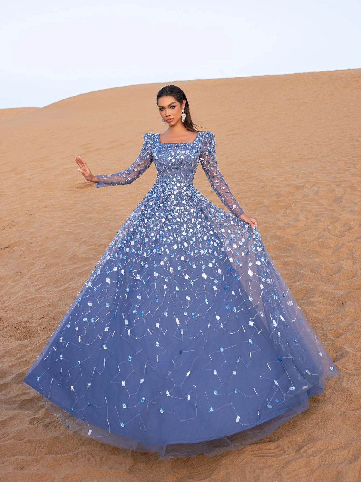 Luxury Gorgeous Square Collar Long Sleeves Beaded Sequin Formal Dress