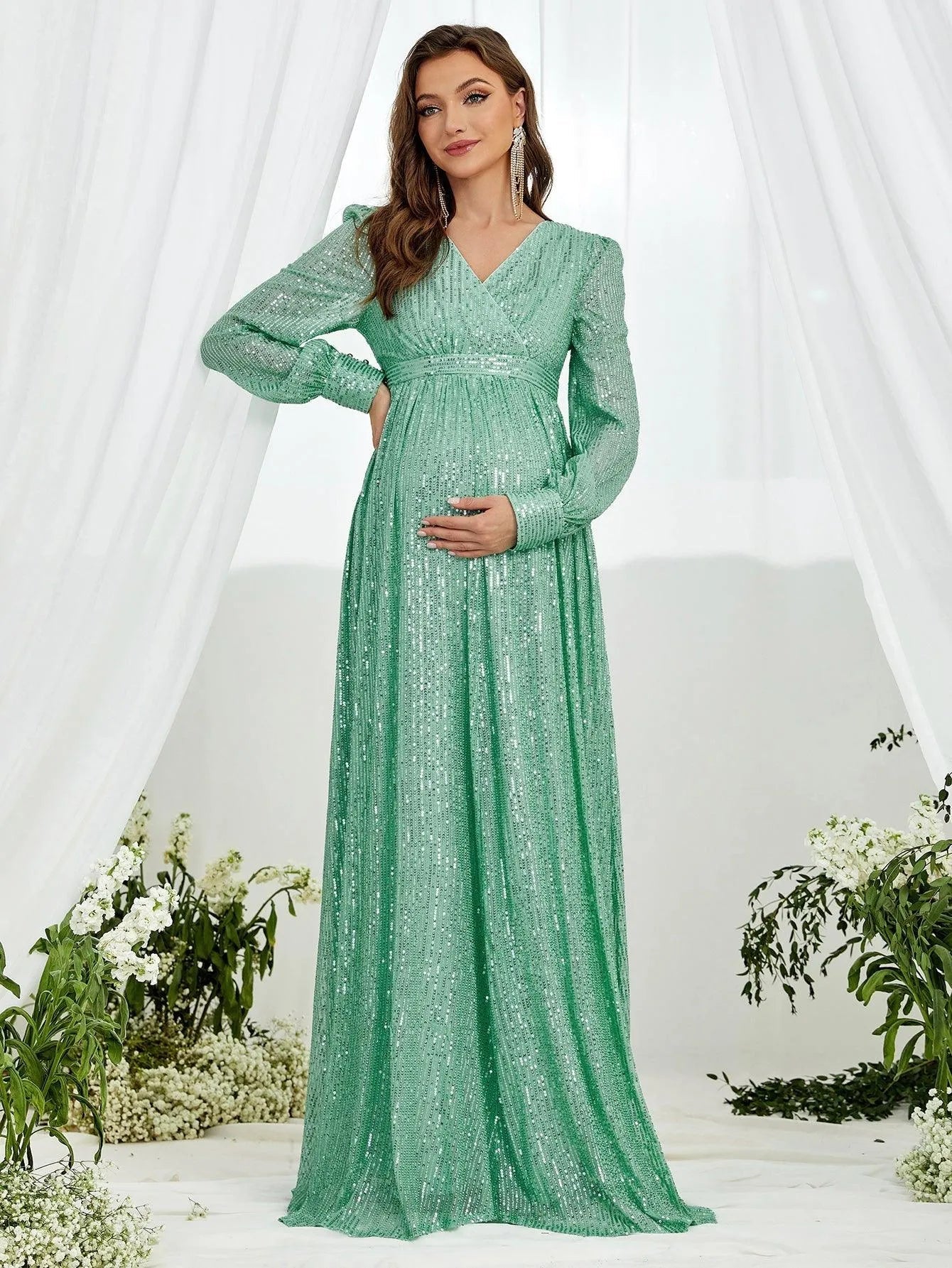 Maternity V Neck Lantern Sleeve Sequin Formal Dress