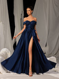 Elegant Off-Shoulder Evening Gown with Sequin Embellishments – High Slit Satin Skirt & Back Zipper for Luxury Weddings or Evening Glam, XS-XL