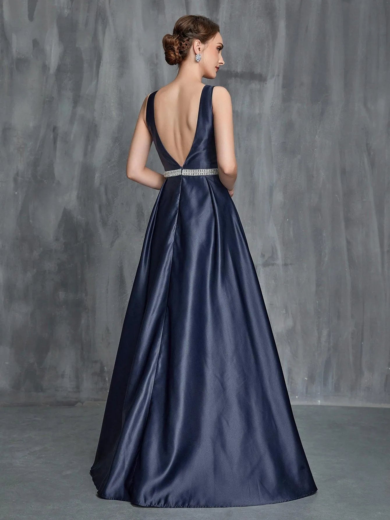 Womens' Backless Rhinestone Waistband Satin Formal Dress