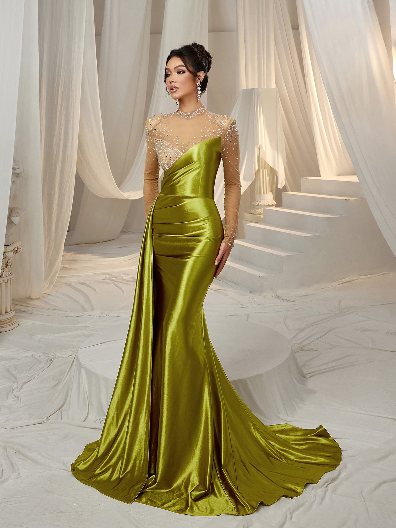 Rhinestone Detail Mock Neck Satin Mermaid Prom Dress