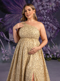 Plus Maternity  One Shoulder Split Thigh Sequin Party Dress