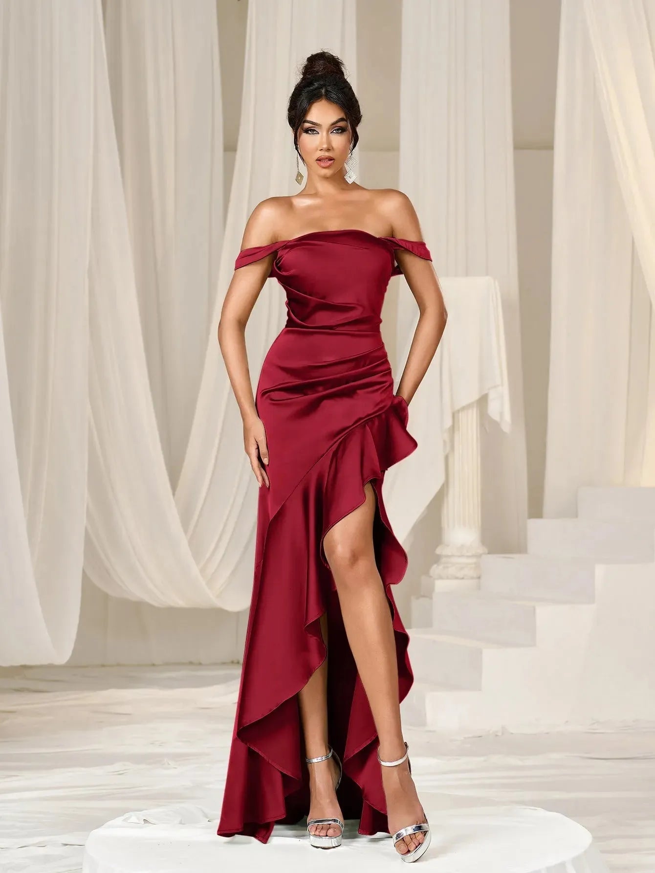 Elegant Off Shoulder Asymmetrical Ruffle Hem Party Dress