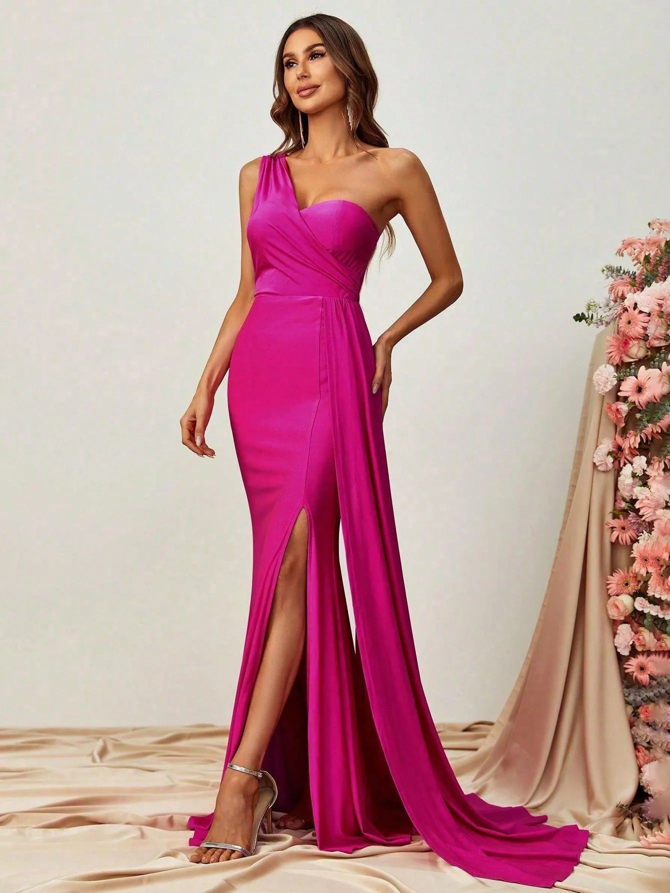 One Shoulder Draped Side Split Thigh Formal Dress