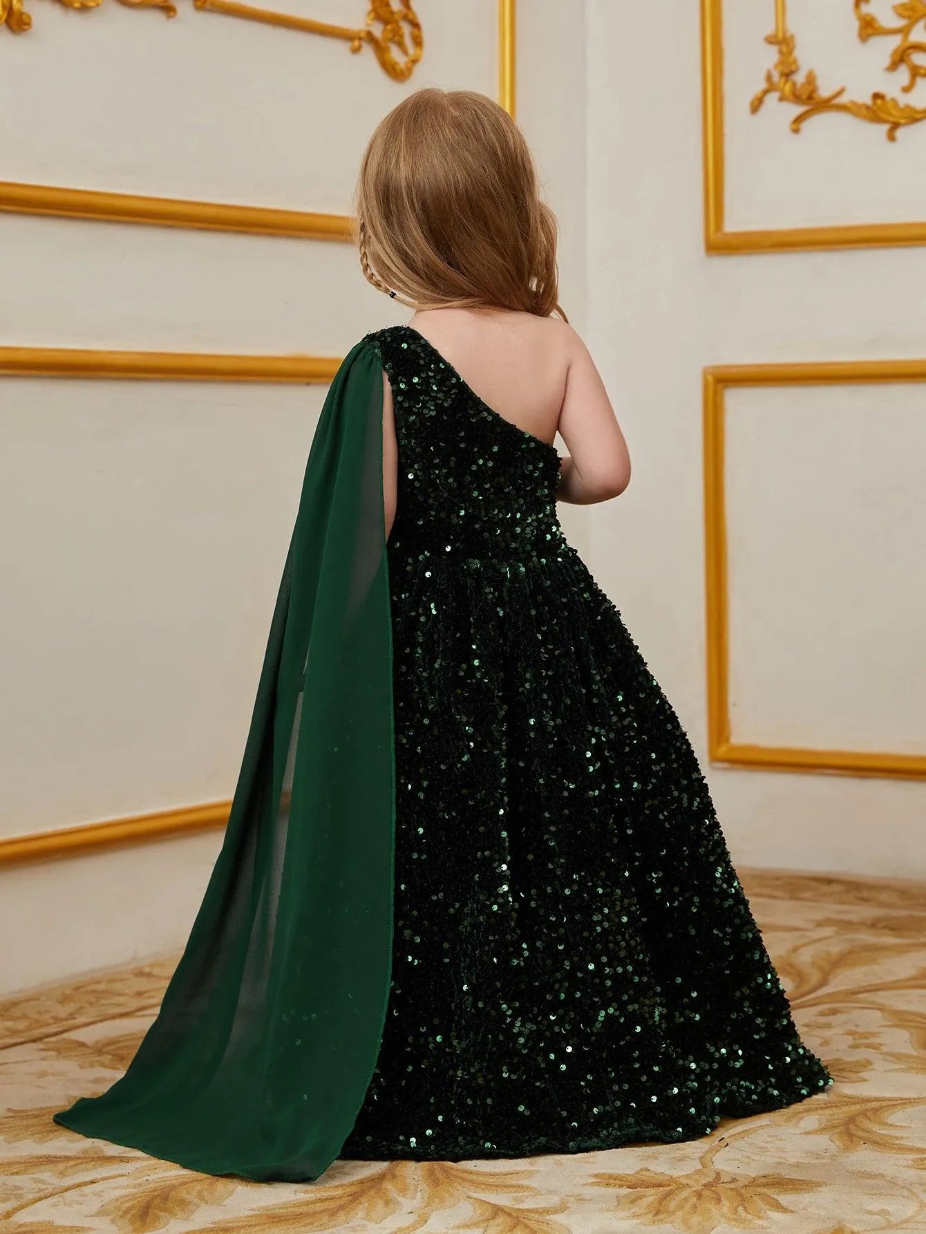 Young Girls' One Shoulder Draped Side Sequin A Line Dress