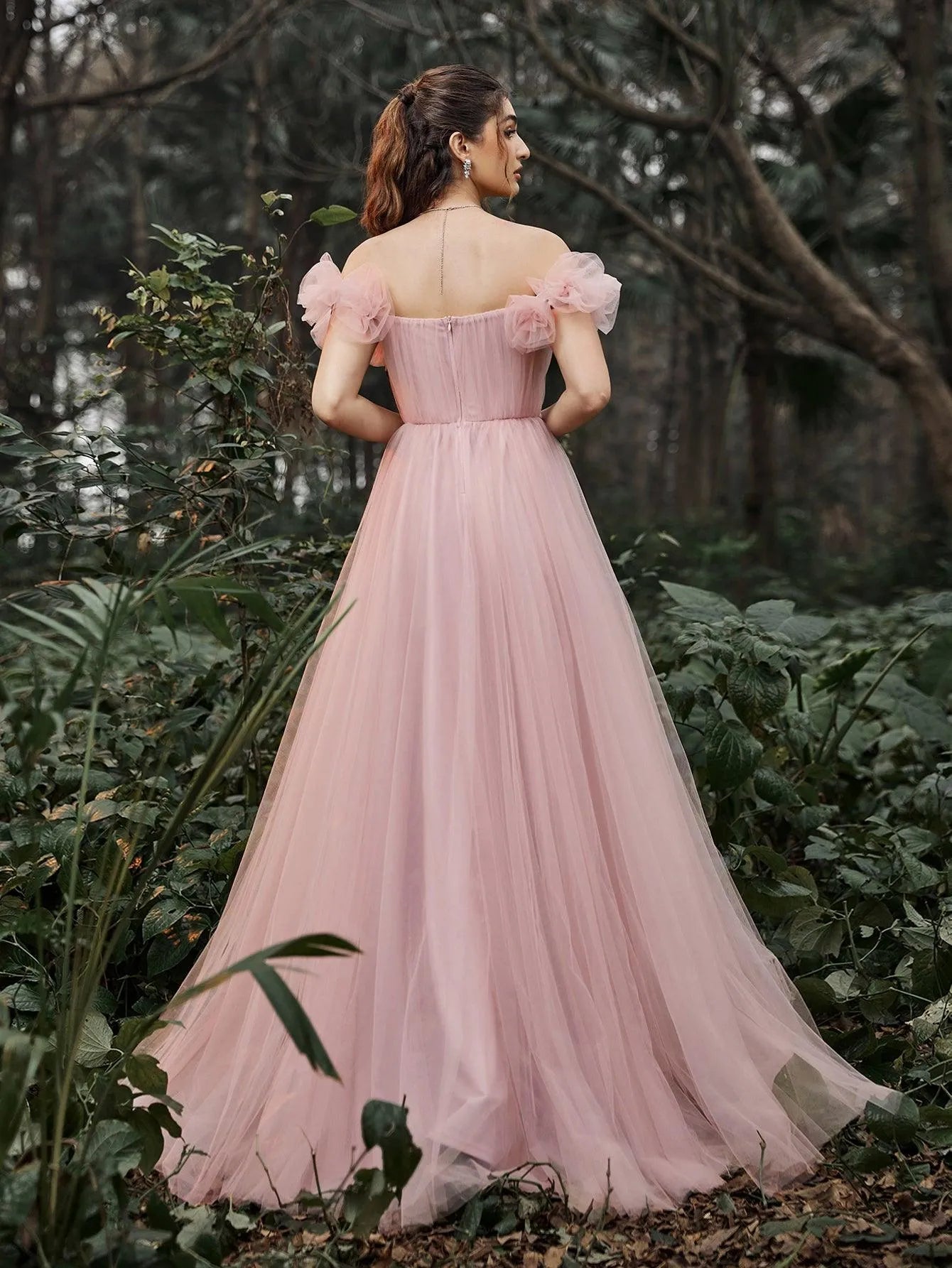 Elegant Off Shoulder Ruched Bust Split Thigh Tulle Evening Dress