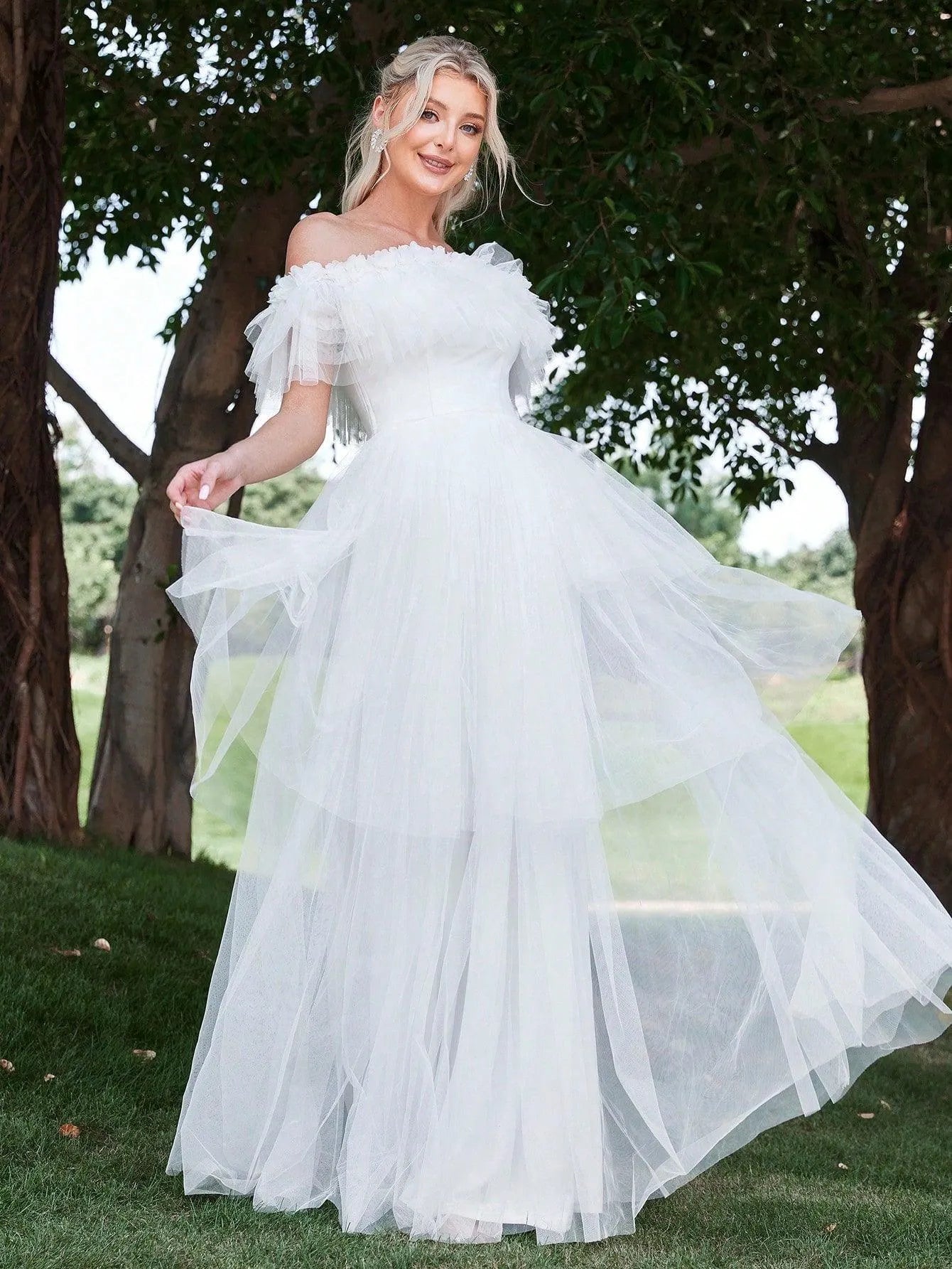 Ruffle Trim Off Shoulder Layered Mesh Wedding Dress