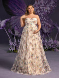 Plus Maternity  Strapless Ruffle Trim Floral Mesh Party Dress