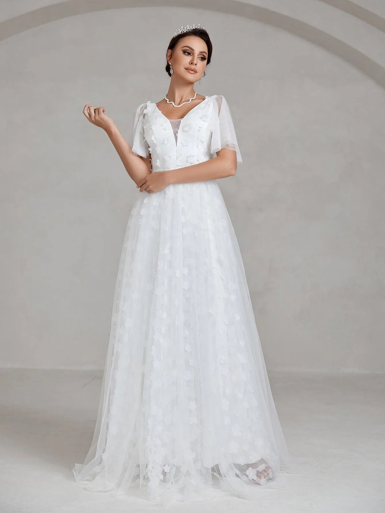 Butterfly Sleeve Floral Applique Mesh Wedding Dress