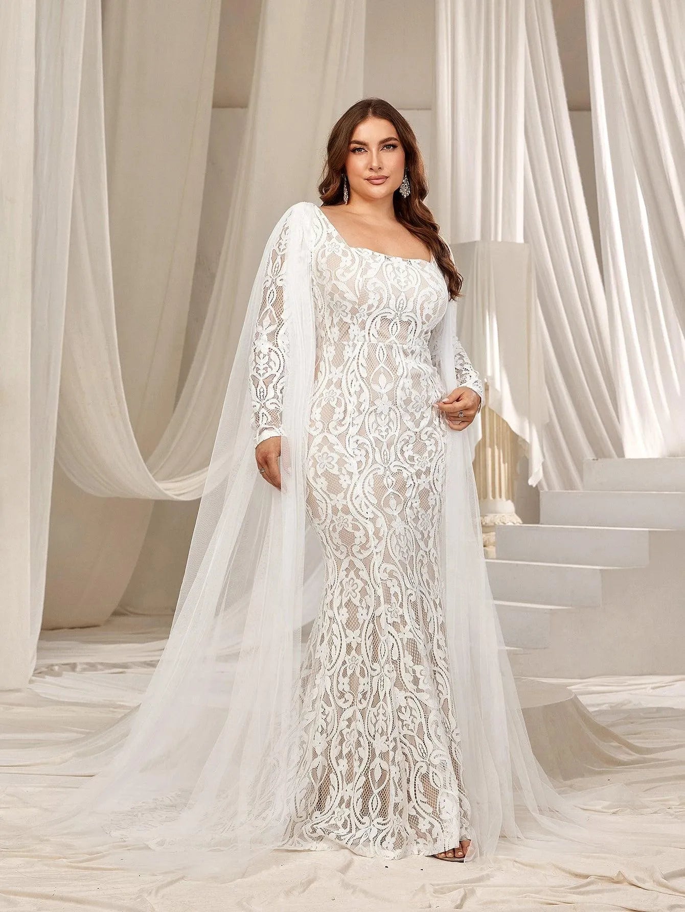 Plus Square Neck Mermaid Hem Lace Wedding Dress