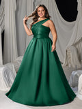 Plus One-Shoulder Satin Gown with Pleated Shoulders, Crisscross Back Straps & Floor-Length Skirt