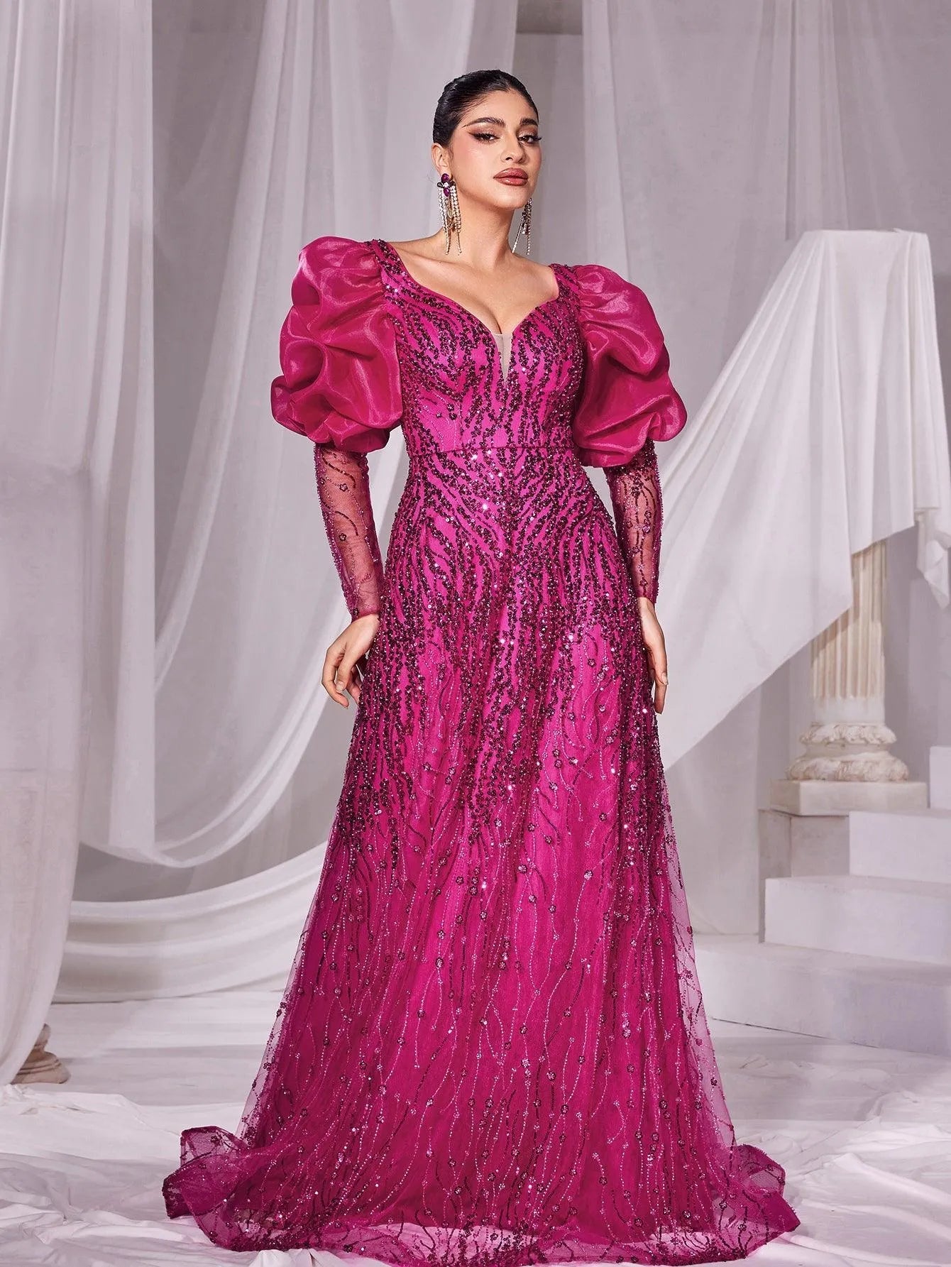 Gorgeous Plunging Neck Gigot Sleeves Maxi Prom Dress