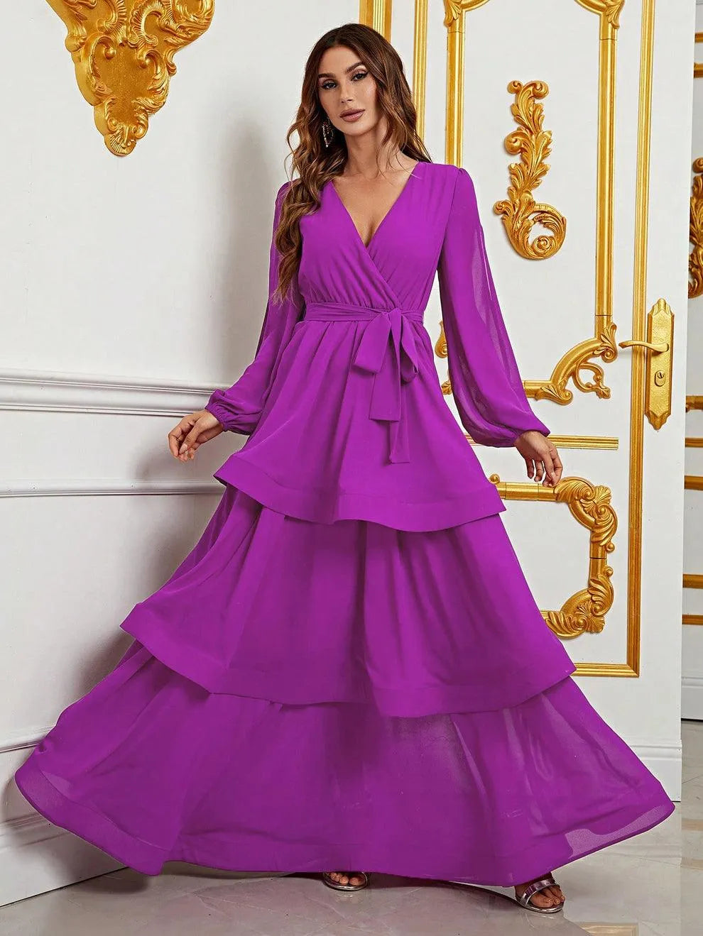 Cascading Ruffle Lantern Sleeves Chiffon Dresses