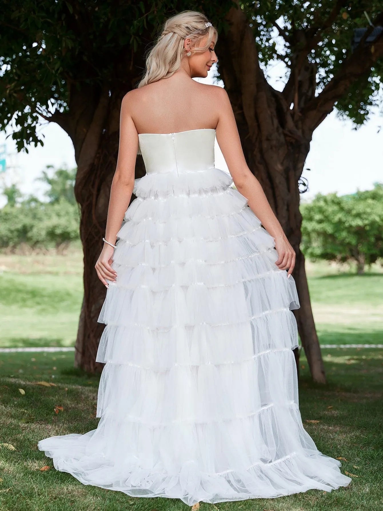 Satin Bodice Contrast Layered Tulle Hem Wedding Dress