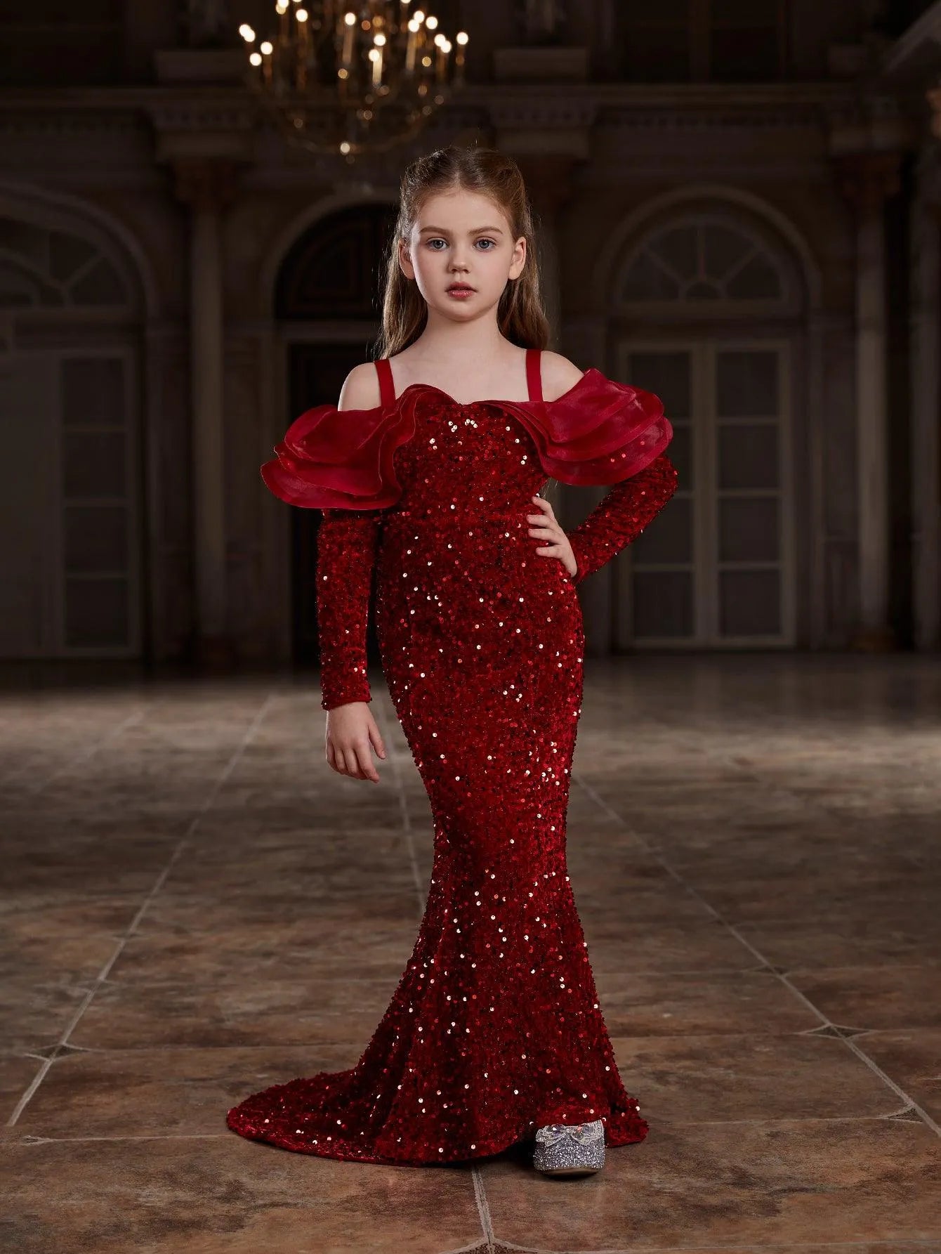 Tween Girls' Off Shoulder Ruffle Trim Sequin Mermaid Dress - Elonnashop