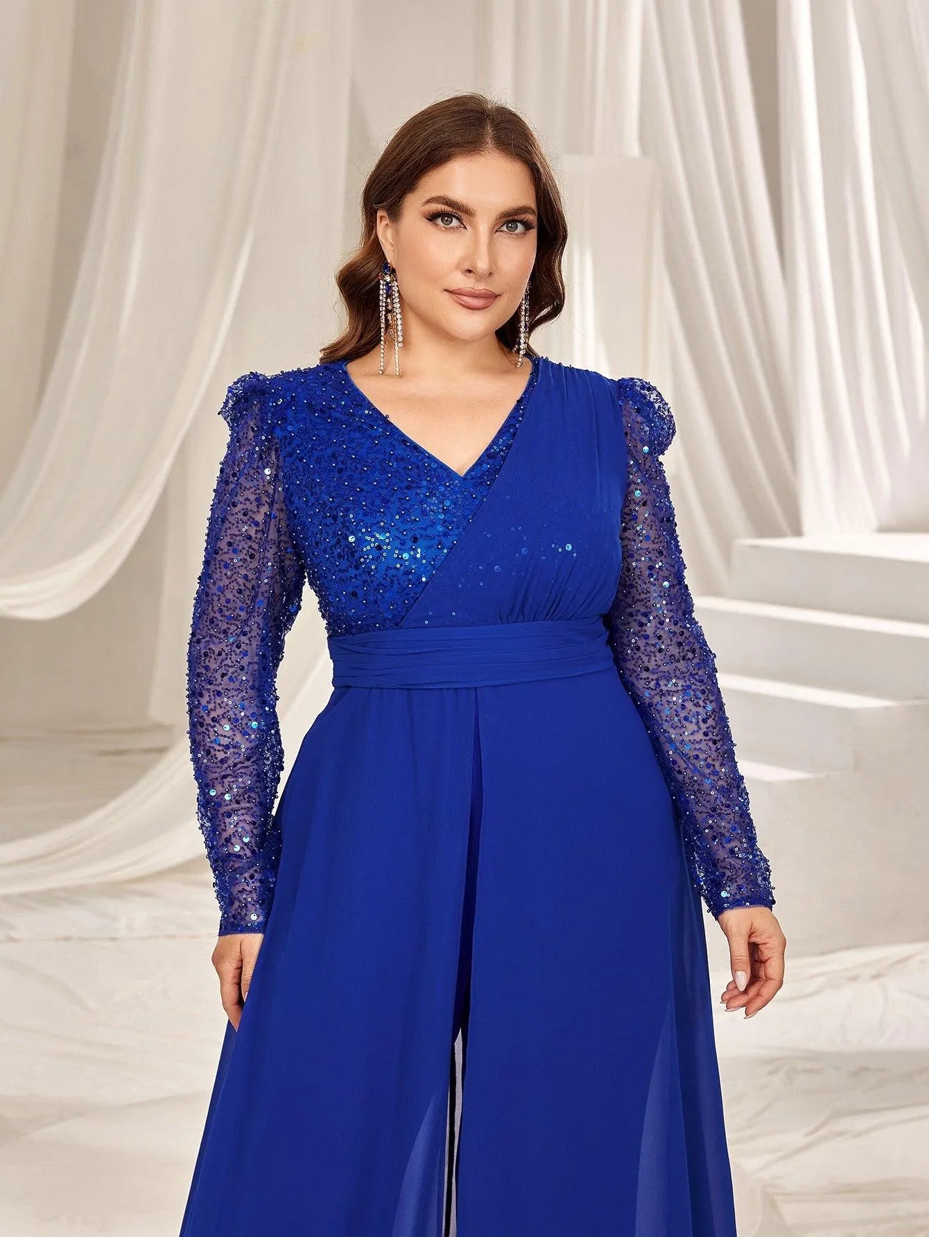 Plus Gigot Sleeves Chiffon Overlay Sequin Prom Jumpsuit