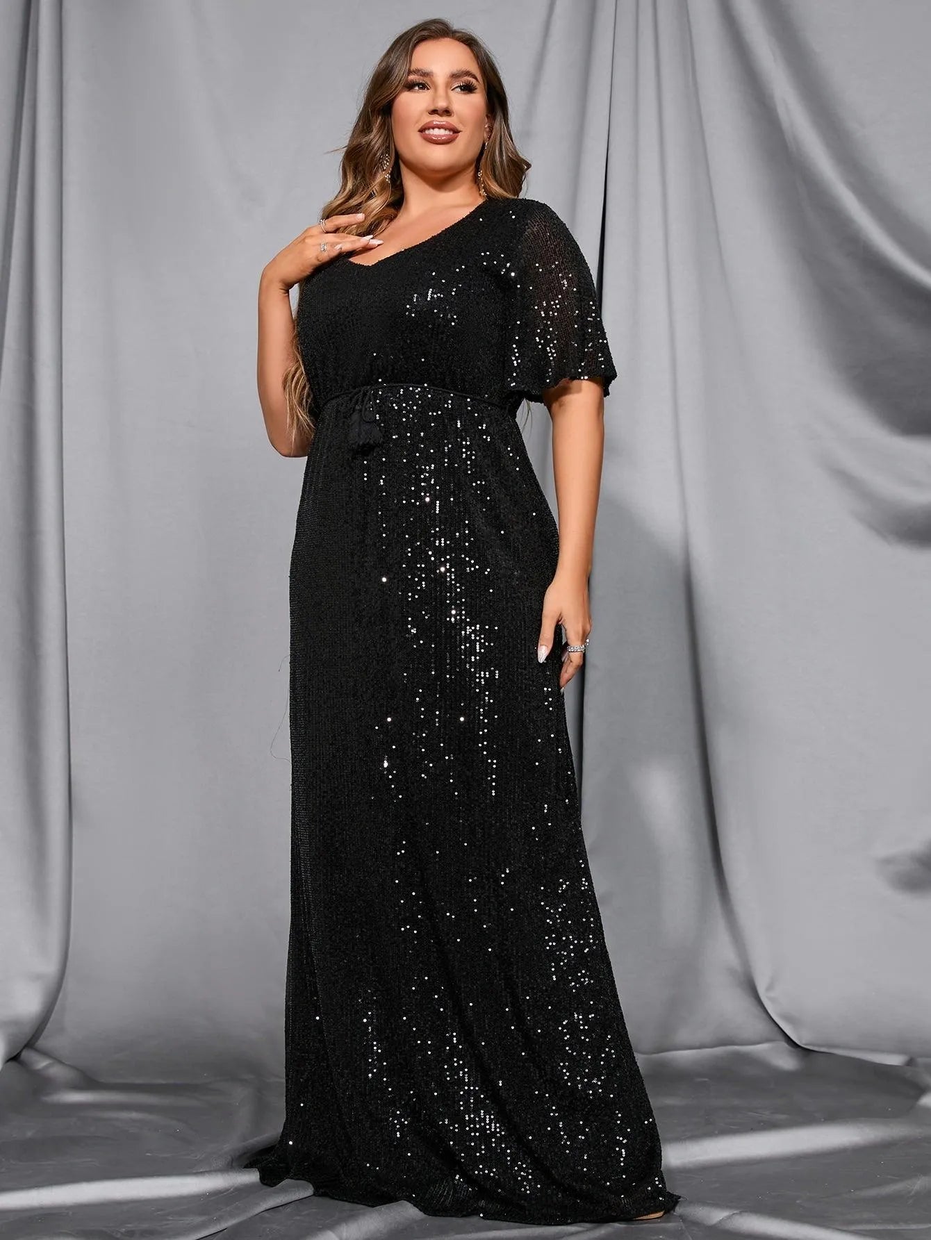 Plus Butterfly Sleeve Sequin Prom Dress