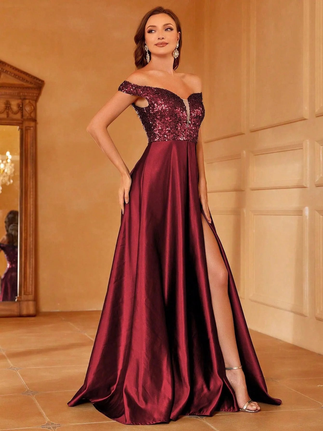 Off Shoulder Contrast Sequin Satin Prom Dress