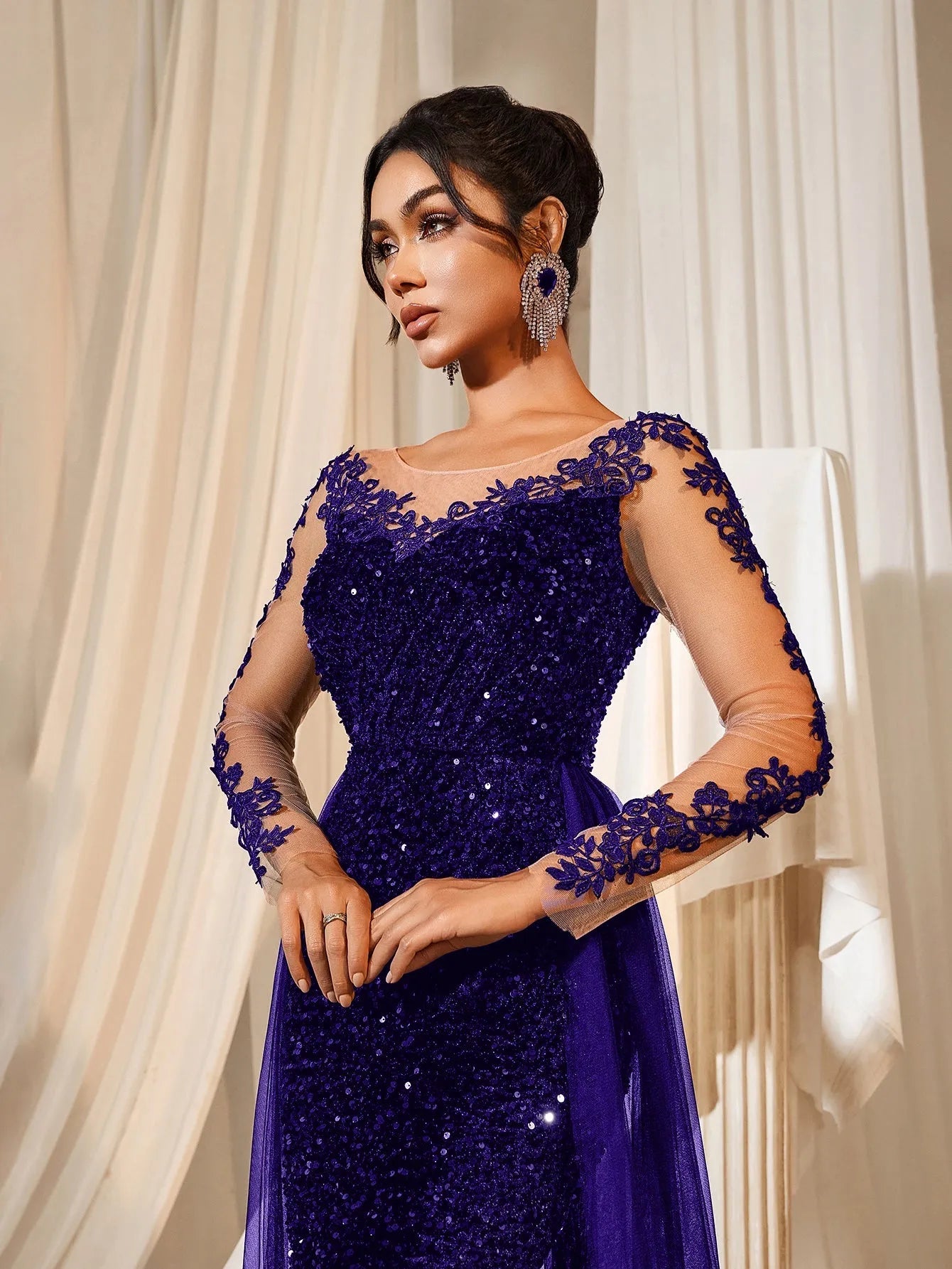 Elegant Sheer Sleeves Mesh Train Sequin Evening Dress