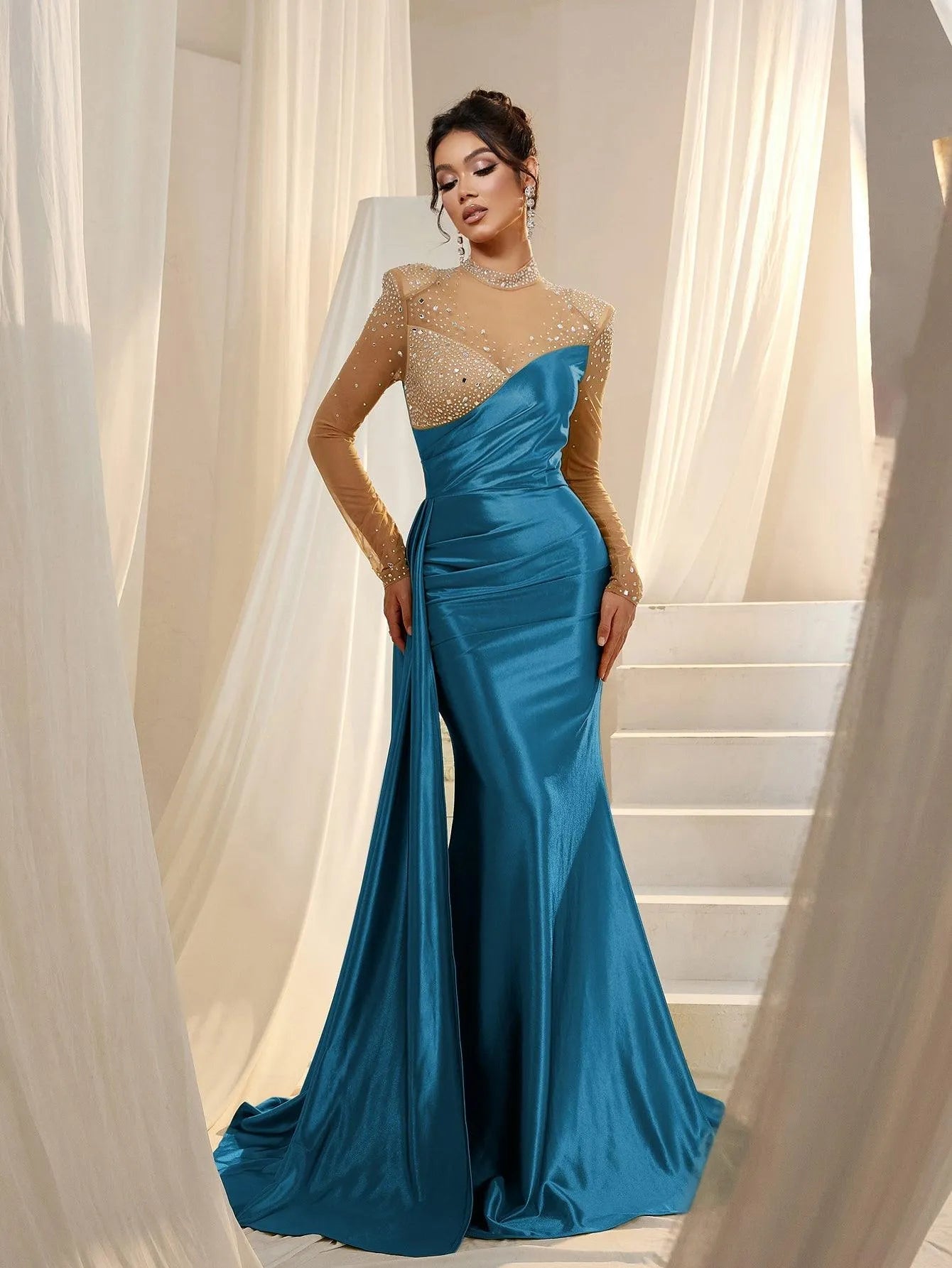 Rhinestone Detail Mock Neck Satin Mermaid Prom Dress