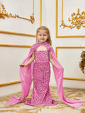 Young Girls' Mock Neck Cape Sleeves Sequin Party Dress