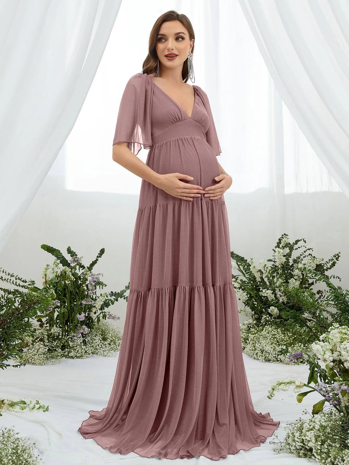 Maternity Plunging Neck Butterfly Sleeve Ruffle Hem Dress